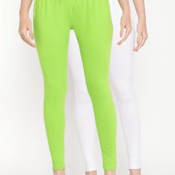 TAG 7 Women Pack Of 2 Green & White Solid Ankle-Length Leggings-image-61