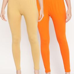 TAG 7 Women Pack Of 2 Beige & Orange Solid Comfort-Fit Ankle-Length Leggings-image-99