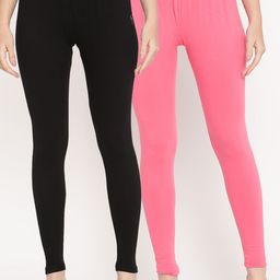 TAG 7 Women Pack Of 2 Pink & Black Solid Comfort-Fit Ankle-Length Leggings-image-79