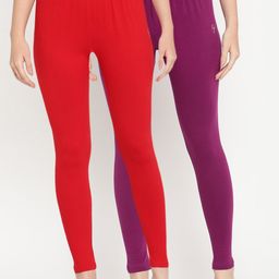 TAG 7 Women Pack Of 2 Purple & Red Solid Comfort-Fit Ankle-Length Leggings-image-91