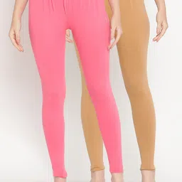 TAG 7 Women Pack Of 2 Pink and Beige Solid Comfort-Fit Ankle-Length Leggings-picture-50