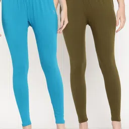 TAG 7 Women Pack Of 2 Blue & Olive Green Solid Comfort-Fit Ankle-Length Leggings-image-91