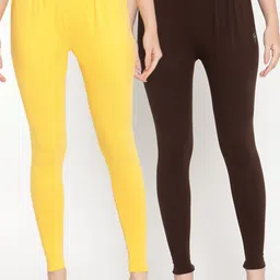TAG 7 Women Pack Of 2 Yellow & Brown Solid Comfort-Fit Ankle-Length Leggings-image-93