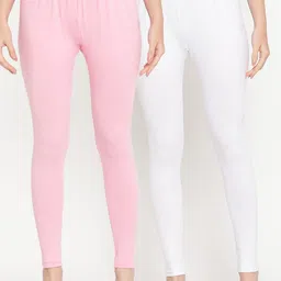 TAG 7 Women Pack Of 2 White & Pink Solid Comfort-Fit Ankle-Length Leggings-17