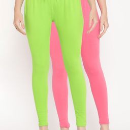 TAG 7 Women Pack Of 2 Pink and Green Solid Comfort-Fit Ankle-Length Leggings-image-108