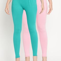 TAG 7 Women Pack Of 2 Turquoise Blue & Pink Solid Comfort-Fit Ankle-Length Leggings-image-93