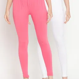 TAG 7 Women Pack Of 2 Pink and White Solid Comfort-Fit Ankle-Length Leggings-image-1