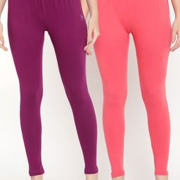 TAG 7 Women Pack Of 2 Peach & Purple Solid Ankle-Length Leggings-image-85