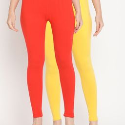TAG 7 Women Pack Of 2 Orange & Yellow Solid Comfort-Fit Ankle Length Leggings-picture-27