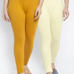 GRACIT Women Pack Of 2 Yellow & Cream Coloured Solid Ankle-Length Leggings-picture-8