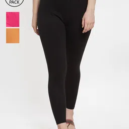 GRACIT Women Pack Of 3 Black, Pink & Gajri Solid Ankle-Length Leggings-picture-17