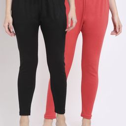 TAG 7 Women Pack Of 2 Peach & Black Solid Ankle-Length Leggings-image-41