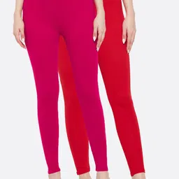 Clora Creation Women Pack Of 2 Red & Magenta Solid Ankle Length Leggings-image-96