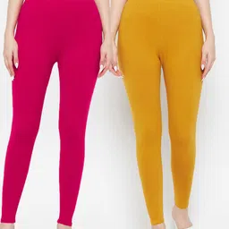Clora Creation Women Pack Of 2 Mustard & Magenta Solid Pure Cotton Ankle Length Leggings-image-9