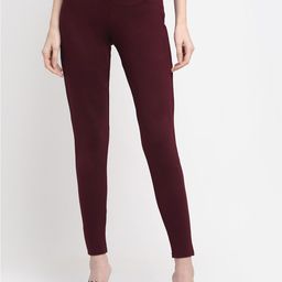Cantabil Women Burgundy Solid Cotton Slim Fit Jeggings-image-81