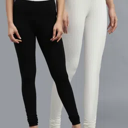 KEX Women Pack Of 2 White And Black Solid Churidar Length Leggings-picture-15