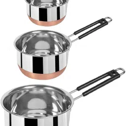 CPS_41 Stainless Steel (22 Guage, Heavy Material) Sauce Pan with Copper Bottom / MILK - TEA PAN 3 pcs COMBO SET Capacity:- 1, 1.5, 2 Liter Sauce Pan 15.5 cm, 17 cm, 18.5 cm diameter (Non-stick) Serving Set 3 Pices Bowl Serving Set-6