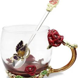 Pack of 1 Glass Unique Rose Flower Design Handmade Enamel Beautiful Tea Coffee Cup-image-50