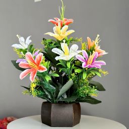 Great for home office or gift with Wooden pot Multicolor Lily Artificial Flowerwith Pot-1