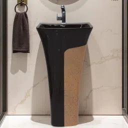 Ceramic One Piece Pedestal Free Standing Wash Basin For Livingroom & Bathroom' Glossy Brown with Cream Combination Marble Shade Standing Wash Basin Pedestal Basin-picture-1