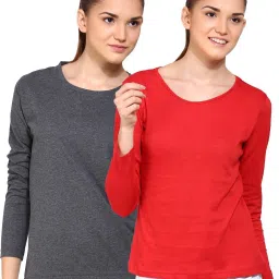 Pack of 2 Women Solid Round Neck Pure Cotton Red, Grey T-Shirt-image-90