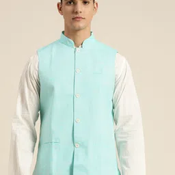 SOJANYA Men Blue Woven Design Cotton Linen Nehru Jacket-picture-27