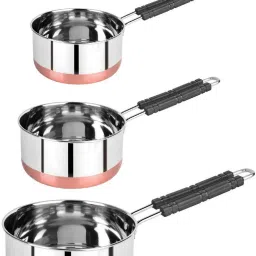 Stainless Steel Copper bottom Sauce Pan / MILK PAN / TEA PAN 3 pcs COMBO SET Capacity:- 1, 1.5, 2 Liter Sauce Pan 15.5 cm, 17 cm, 18.5 cm diameter 1 L, 1.5 L, 2 L capacity-image-49
