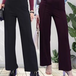 houseofcommon Pack of 2 Women Regular Fit Black, Maroon Polyester Trousers-picture-11