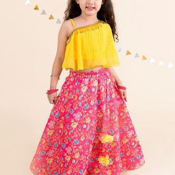 pspeaches Girls Coral & Yellow Ready to Wear Lehenga Choli-15