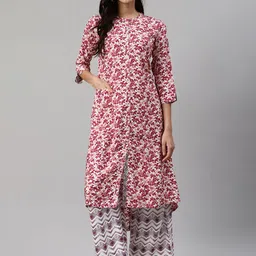 Biba Women Off-White & Magenta Printed Kurta with Palazzos-11