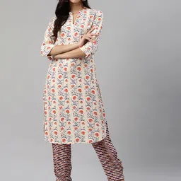 Biba Women Cream-Coloured & Orange Printed Kurta with Trousers-picture-7