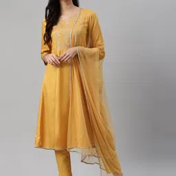 Biba Women Mustard Yellow Yoke Design Kurta with Trousers & Dupatta-picture-53