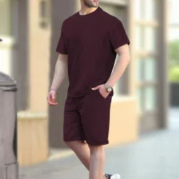 Men Night Suit Set Maroon Solid-image-91