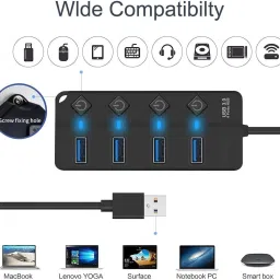 LipiWorld 4 Port USB Hub, USB Hub 3.0 for PC, USB Hub with Individual Power Switches USB Adapter image 2