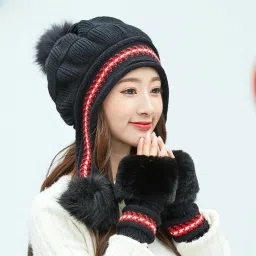 Women's Winter Woolen Beanie (Fur Inside) and Gloves set for women Girl's winter Beanie-picture-17