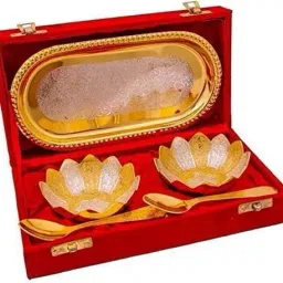 Gold & Silver Plated Serving Bowl with Tray Set/Bowl, Spoon, Tray Serving Set Bowl, Spoon, Tray Serving Set-12