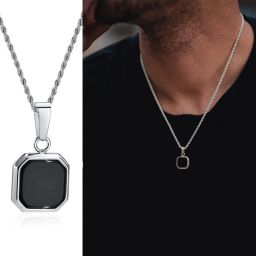 Black Onyx Octagon Inlay Square Pendant/Necklace, Men Black Onyx Amulet Pendant Silver Agate Stainless Steel-image-56