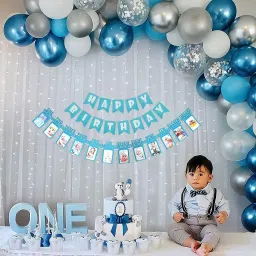 Solid birthday Combo net fabric with Balloon Garland arch tape, Fairy LED lights - Balloon-26