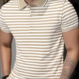 mack jonney Men Striped Polo Neck Cotton Blend Beige T-Shirt-picture-32
