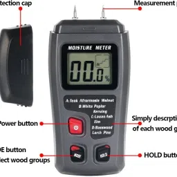 balrama 0-99.9% Two Pins High Quality Digital Wood Moisture Meter Portable Humidity Tester Timber Damp Detector with 2 Pins Sensor + Large LCD Display + 4 Calibrated Wood Groups + 9V Battery EMT01 EMT01 Pin-Type Digital Moisture Measurer image 2