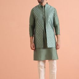 KISAH Men Woven Design Regular Fit Ethnic Motifs Kurta Nehru Jacket Trouser Set image 2