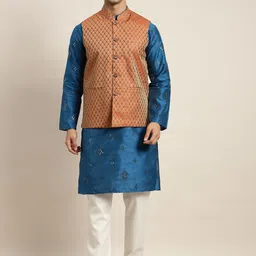 SOJANYA Men Blue Embroidered Mirror Work Kurta with Pyjamas With Nehru Jacket-30
