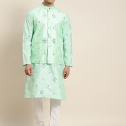 SOJANYA Men Sea Green Embroidered Mirror Work Kurta with Pyjamas With Nehru Jacket-26