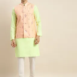 SOJANYA Men Green Mirror Work Pure Cotton Kurta with Churidar & Nehru Jacket-46