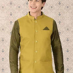 Ode by House of Pataudi Green Woven Design Mandarin Collar Nehru Jacket-47
