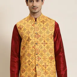 SOJANYA Men Yellow Ethnic Motifs Printed Nehru Jacket-34
