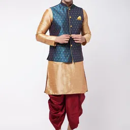 VASTRAMAY Mandarin Collar Kurta with Dhoti Pants & Woven Design Nehru Jacket-image-95