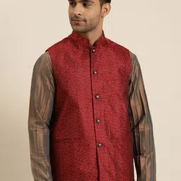 Sojanya Men Red & Black Jacquard Woven Design Nehru Jacket-picture-31