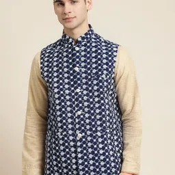 Sojanya Men Navy Blue & White Embroidered Nehru Jacket-8