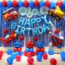 car and plain birthday combo-1 happy birthday foil balloon,2 blue curtain,2 car foil balloon,2 aeroplane foil balloon,1 red star,1 blue star,20 red and blue balloon(pack of 41)-image-81